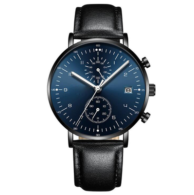Chronograph Function Alloy Men Quartz Wristwatch Black Genuine Leather Strap Watch
